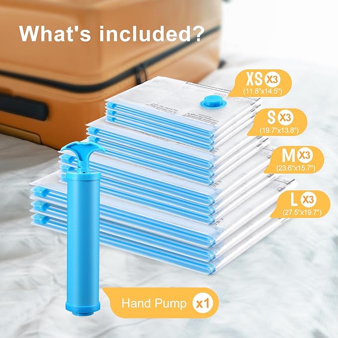 Vacuum Bags for Travel, 12 Pack with Hand Pump, Space Saver Vacuum Storage Bags, Travel Essentials, Clothes, Blankets, Pillows