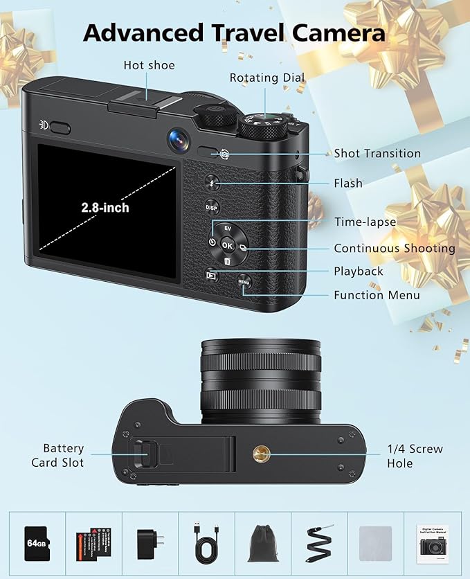 Digital Camera, 6X Optical Zoom & WiFi, 5K 30FPS 64MP Vlogging Camera, Rear and Front Cameras for Photography and Video, Autofocus & Anti-Shake, Travel Selfie for YouTube with Flash Dial 64GB Card