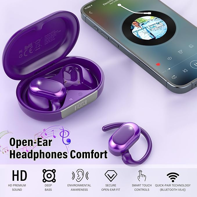 Open Ear Headphones, Bluetooth 5.4 Earphones 36H Playtime Air Conduction Headphones with Mic, Adjustable Earhook Earbuds with ENC Clear Calls/LED Display, IPX7 Open Ear Earbuds, Dark Purple