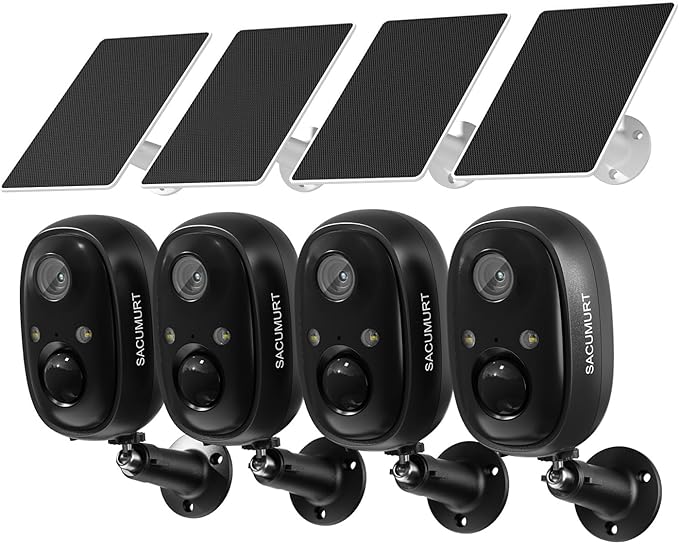 WiFi Cameras for Home Security, Solar Powered Security Cameras Wireless Outdoor, Outdoor Camera Wireless, PIR Motion Detection, Color Night Vision, Works with Alexa & Google Home, Storage 4-Pack
