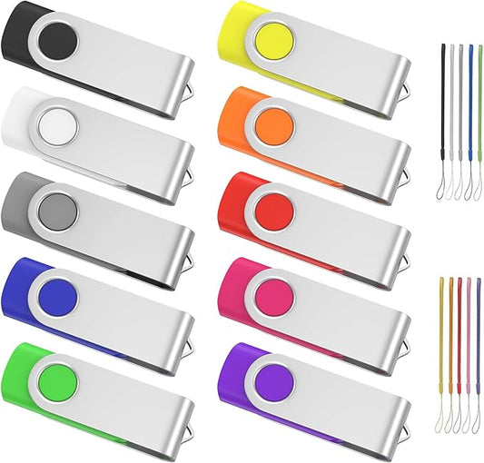 ABLAZE 1GB Flash Drive 10 Pack, USB 2.0 Memory Stick with Lanyards Swivel Thumb Drives Bulk 1GB Pendrive U Disk for Data Storage (Mixcolors)