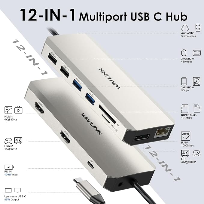 WAVLINK USB C Docking Station Dual Monitor, USB C Hub Laptop Triple Display, USB to 2 HDMI,DisplayPort, PD Charging,Ethernet,5 USB,SD/TF Card Reader,Audio for MacBook, Dell, HP, Lenovo, Surface