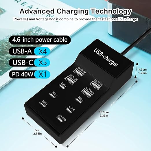 i Phone 16 15 Charger Fast Charging，USB Multi Device Charging Station USB Charger 10 Ports 4A-6C Power Hub with Smart Plug Charging Stand Compatible with iPhone 15, iPod, Galaxy S Smartphones