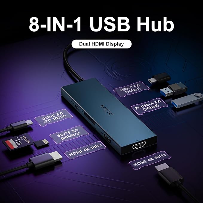 USB C Docking Station Dual Monitor, 8-in-1 USBC Hub with 2 HDMI Ports, USB-C 3.0, 2xUSB-A 3.0, SD/TF, 100W PD, Compatible with HP, Dell