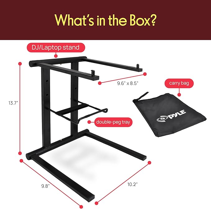 Pyle Portable Folding Laptop Stand - Foldable Laptop Stand with Adjustable Height, Secondary Accessory Tray for iPad, Tablet, DJ Mixer, Workstation, Gaming, Home Use and Carrying Bag Included