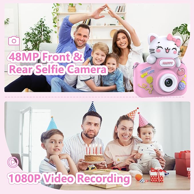 Kids Camera for Boys and Girls, 1080P Toddler Camera with 2" LCD Screen, 8X Digital Zoom, Cute Cat Silicon Case, Includes 16GB SD Card, Ideal Gift for Children Ages 3–12