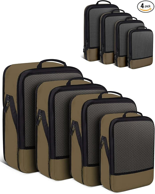 4 PCS Set Compression Packing Cubes for Travel, Lightweight Packaging Organizer Bags for Carry On Space Saving, Travel Essentials Cubes for Suitcase Backpack, Brown