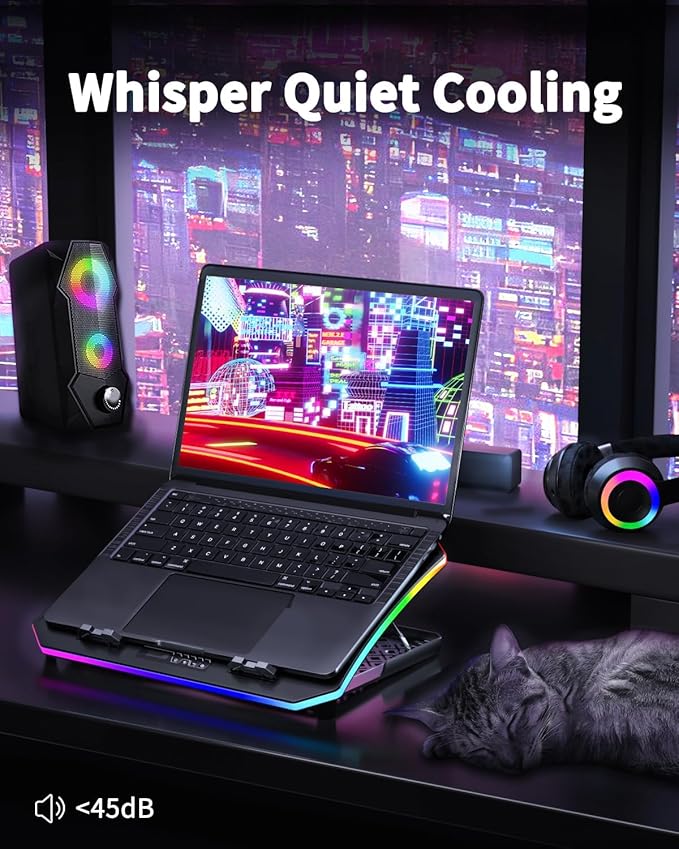 KeiBn Upgraded Gaming Laptop Cooler Pad with 9 Quiet RGB Fans, Cooling Pad for 15.6-17.3 Inch Laptops with 7 Height Stands, 2 USB Ports, Phone Stand-Blue