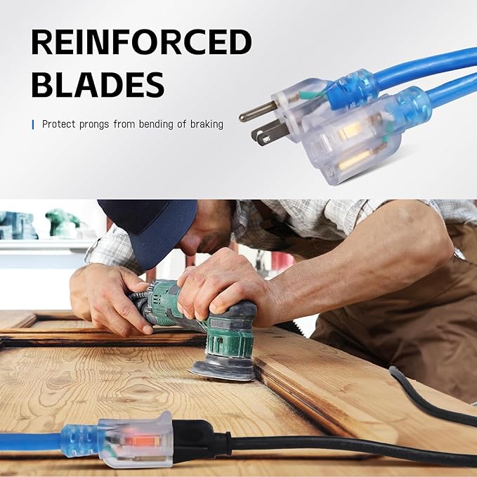 EP 3 Ft Outdoor Extension Cord, 12/3 SJTW Heavy Duty Waterproof Power Cable, 3 Prong Grounded Plug, Lighted End, for Lawn, Garden, Appliances, Blue