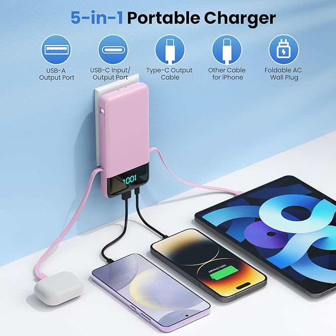 Portable Charger 13800mAh Power Bank with Built-in Cables,LCD Display Fast Charging USB C Battery Pack,4 Outputs Travel Essential Portable Phone Charger for iPhone 16/15/14/13,Android(Sakura Pink)