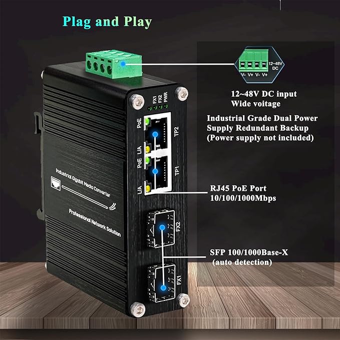 Mini 2-Port PoE Gigabit Ethernet Switch with Dual SFP Ports - Industrial-Grade Unmanaged Switch, 12~48VDC Input, 30W PoE+, Din-Rail or Wall Mount,Fast Connection,Plug and Play,Rugged Metal Case