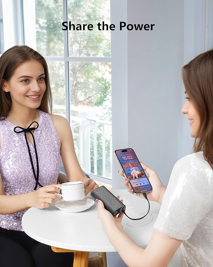 VEGER Compact Portable Charger with Built in Cable(Removable), 10000mAh Cute Power Bank 20W Fast Charging, Sparkling Battery Pack Fashion Travel Accessory Compatible with iPhone 15/14, Android-Black