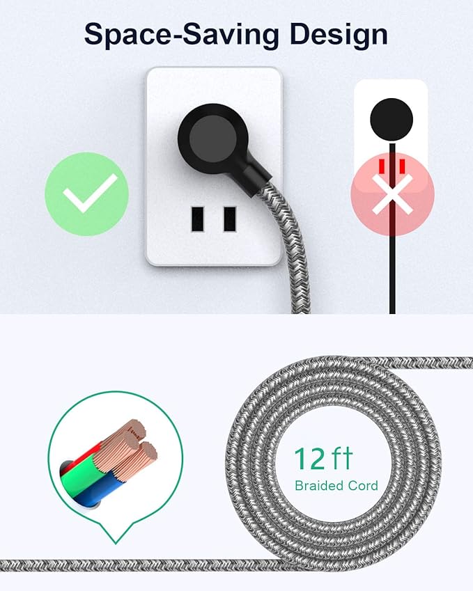 12FT Long Power Strip Surge Protector - with 6 Outlets 4 USB Ports, Heavy-Duty Braided Extension Cord, Flat Plug, 900 Joules, 15A Circuit Breaker, Wall Mount for Home Office (2 Pack)