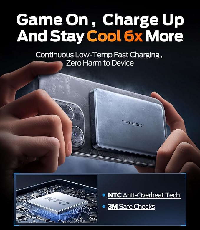 MOVE SPEED 0.5'' 10,000mAh Magnetic Power Bank, MagSafe Portable Charger iPhone 17 Air Accessories,Magsafe Battery Pack for iPhone 17 Pro Max Air/16/15/14/13/12,Travel Essential,Glacier Gray