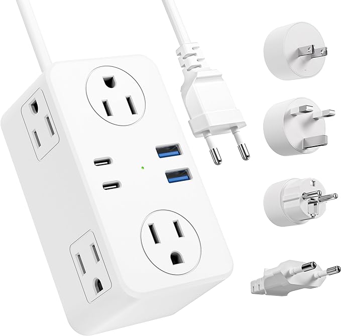European Travel Plug Adapter, EU/UK/US Travel Plug Adapter Power Strip, 6 AC Outlets, 4 USB Ports (2 USB C), 3ft Wrapped Around Extension Cord, Universal Travel Adapter