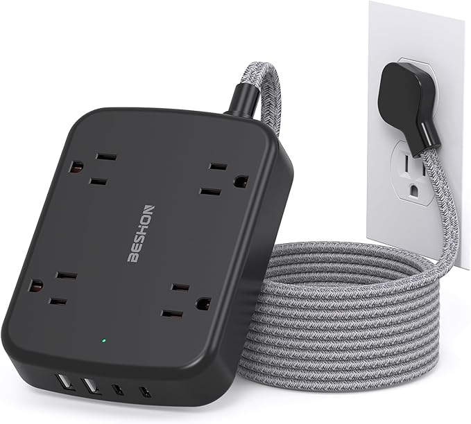 Surge Protector Power Strip with 2 USB C - BESHON 5 Ft Flat Extension Cord Flat Plug Power Strip, 4 Widely Outlets and 4 USB Charging Ports, 900 Joules, for Home Office Dorm Room Essentials, Black