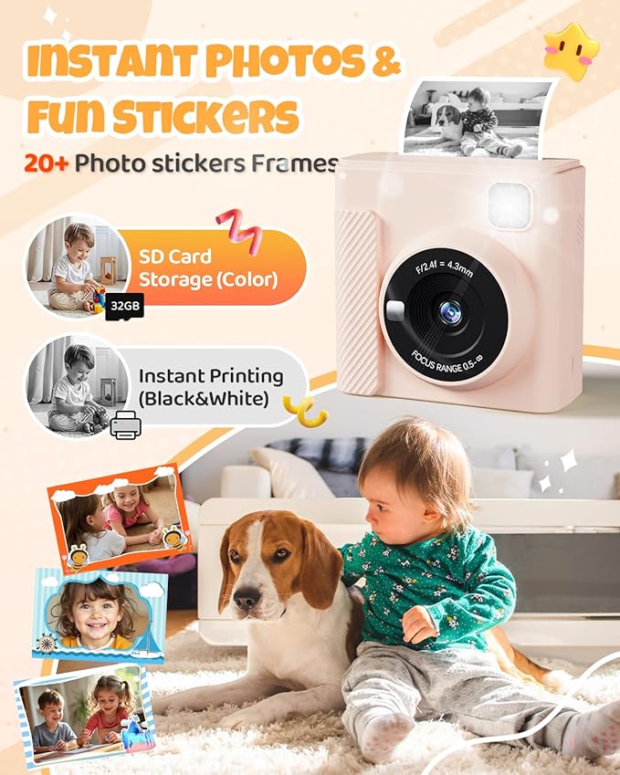 Kids Instant Print Camera, Christmas Birthday Gifts for Girls and Boys, 1080P HD Video Digital Kids Camera with Print Paper & 32G Card, Toddler Toy for 3-14 Years Old (Brown)