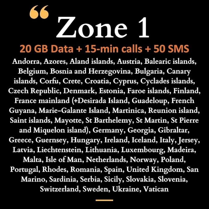 Orange Holiday Worldwide Prepaid eSIM Card 20GB Internet Data for 30 Days in 4G/LTE (Data tethering Allowed) + International SMS & Calls (International sim, Asia America Europe)