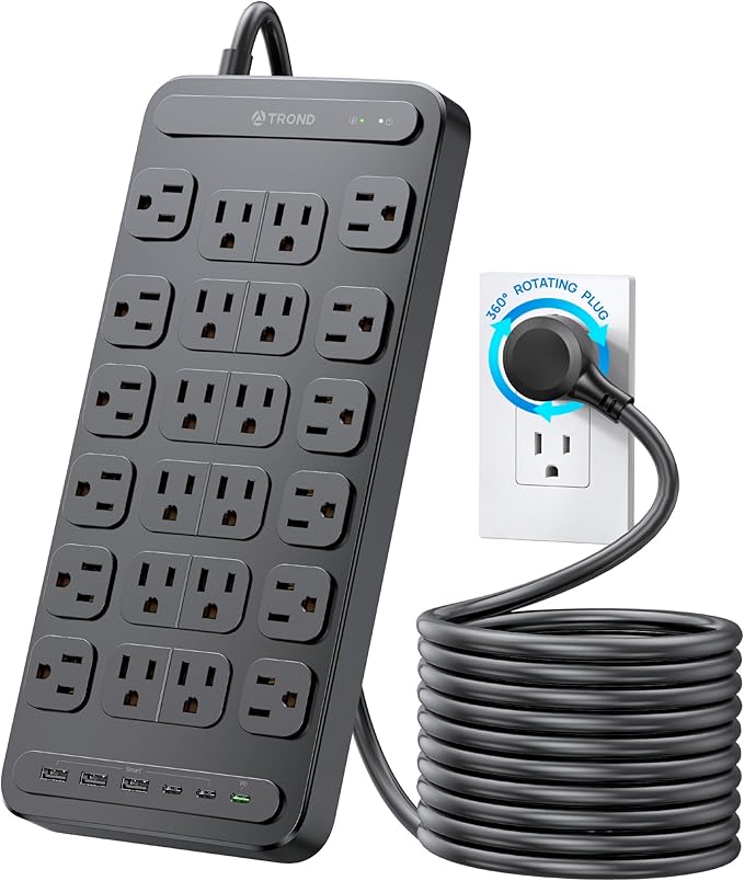 TROND Surge Protector Power Strip, 360° Rotating Flat Plug, 24 AC Outlets, 6 USB Ports Total 37W, 4000 Joules, ETL Listed, 10ft Heavy Duty Extension Cord 1875W for Gaming Dorm Room Essentials Black