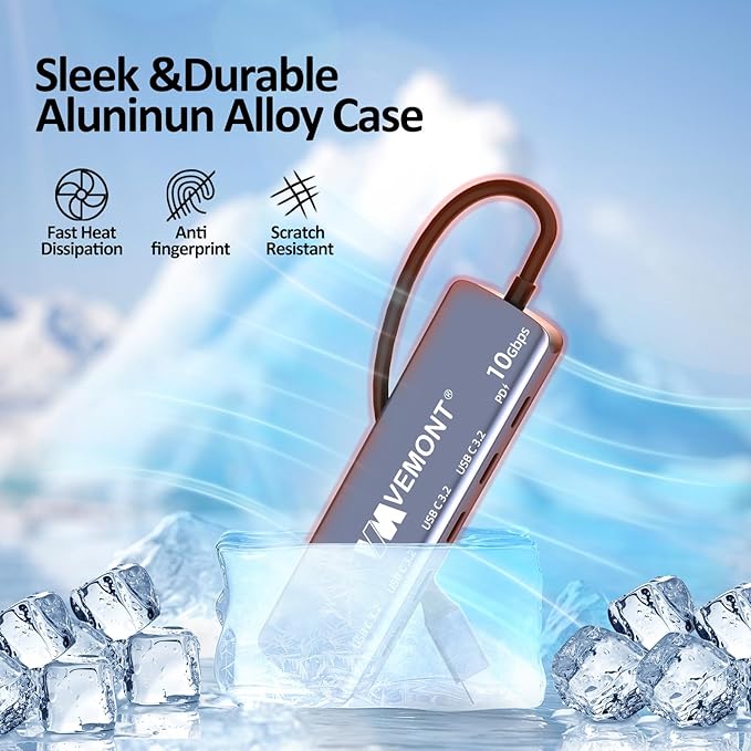 VEMONT 10Gbps USB-C Hub:4-Port 10Gbps Data Transfer and 100W PD Charging for laptops. USB 3.2 Gen 2 Standard. Compatible with MacBook, iPhone, iPad, Surface Pro, and Other USB-C Devices.