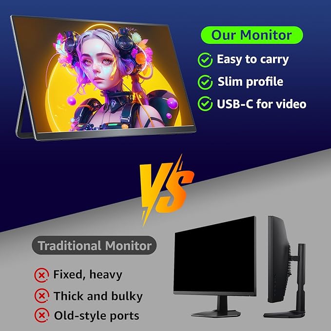 VisionOwl 23.8-Inch Large Portable Monitor-2K QHD 180Hz Refresh Rate Gaming Monitor, 130% sRGB, IPS Panel, USB-C & HDMI for Laptop, PC, Mac, PS5, Xbox, Built-in Kickstand, VESA Mountable