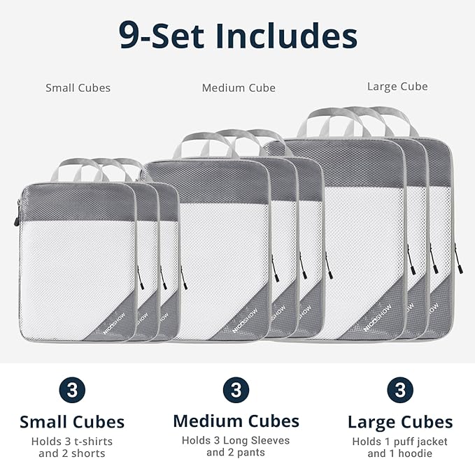 9 Set Compression Packing Cubes for Travel - Compressible, Lightweight, and Space-Saving Packing Cubes, Travel Essentials for Women, Grey
