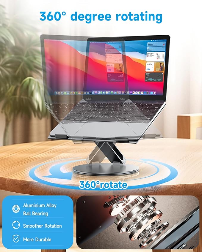 Adjustable Laptop Stand for Desk, 360° Rotating Aluminum Computer Stand with Cooling Vents, Ergonomic & Foldable Notebook Riser, Compatible with MacBook Pro Air, Dell XPS, HP 10-16″ - Gray