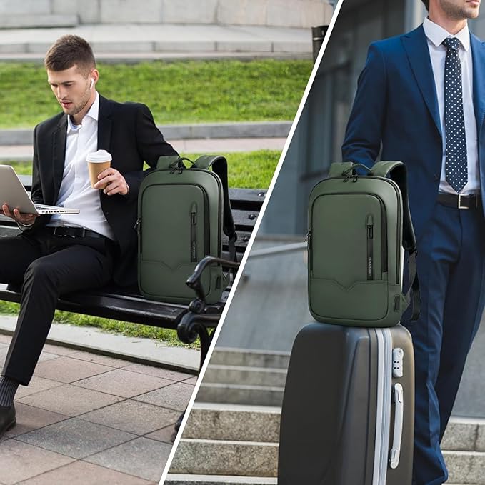 hk Backpack for Men Business Slim Backpack with USB Charger Computer Lightweight Anti-theft Travel (Green, 17.3 Inch)