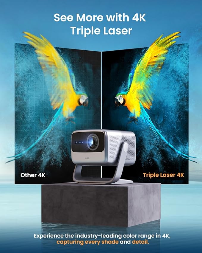 JMGO N1S Pro Triple Laser 4K Projector with WiFi and Bluetooth, 2250 ISO Lumens, 1600:1 Contrast, GTV, 360° Real-time Auto Focus, 300", HDR10, Dolby Digital Plus, Portable for Home Outdoor