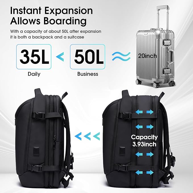 Vacuum Travel Backpack with Pump, 50L Expandable Compression Airback Backpack With Vacuum Seal, 17.3 Inch Water Resistant Business Laptop Backpack with USB Charging Port for Women & Men