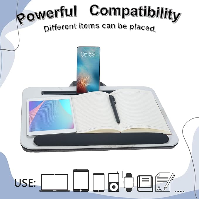 Portable Laptop Desk Fits Up to 16“ Laptops, with Tablet Slot, Built-in Cushion, Great for Home & Office,Lap Desk for Laptop,Lap Desk with Cushion (White Marble with Wrist Rest, Medium)