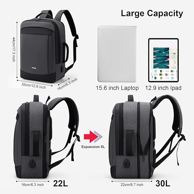 HOMIEE 30L Travel Laptop Backpack for Men Women, 15.6 Inch Expandable Backpack with USB Charging Port, Water Resistant Business Work College Bag, Grey