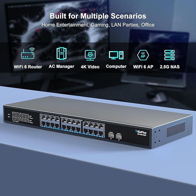 26 Port 2.5Gb Unmanaged Ethernet Switch with 24* 2.5G Base-T Ports, 2* 10G SFP+ Ports. GiGaPlus 2.5Gbps Network Switch for 2.5Gbps NAS/PC, WiFi6 Router, Wireless AP. Fanless Design, Plug and Play