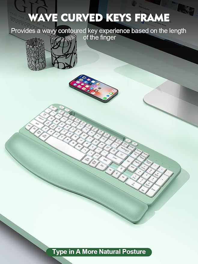 Ergonomic Wireless Keyboard with Cushioned Wrist Rest, Wave Keys, Phone Holder, Comfortable Natural Typing, 2.4GHz Full Size Cordless USB Computer Keyboard for Laptop, Mac, Windows (Mint Green)