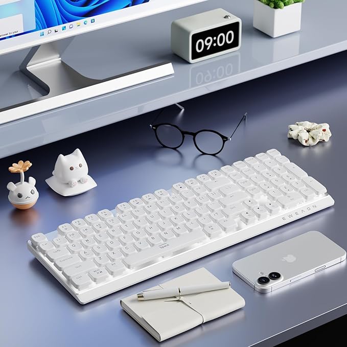 EWEADN MK100 Wireless Low Profile Mechanical Keyboard, Bluetooth/2.4GHz/USB-C Wired with White Backlight Quiet Mechanical Keyboards Wireless, Full-size keyboard for Game/Office, Windows, Mac, White