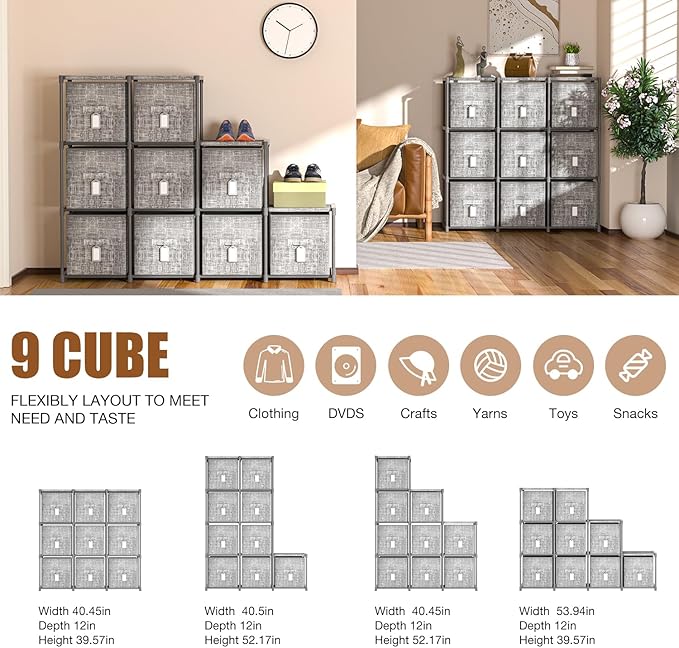 9 Cube Closet Organizer with Beautiful Printed Drawers + Labels, Storage Shelf, Toy Cubby Organizer