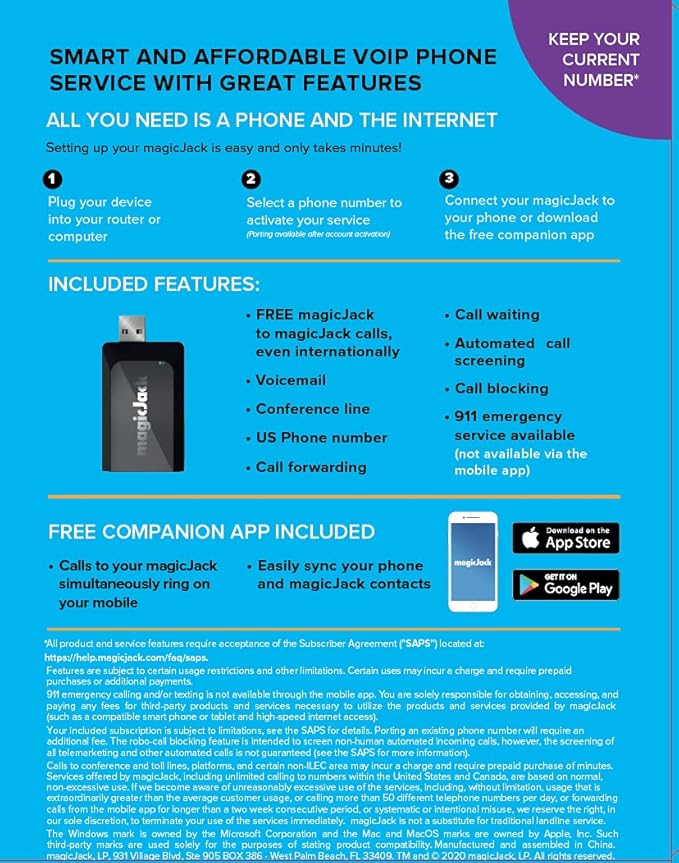 magicJack VOIP Phone Adapter - Unlimited Calls to US & Canada, No Monthly Bill, Portable Internet Phone with App, magicIN™ & magicOUT™ Service