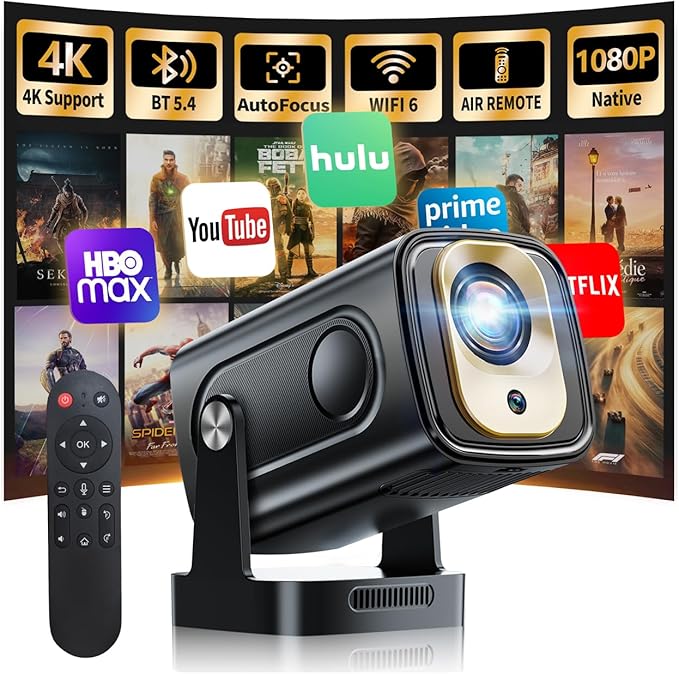 【Built-in Apps】Mini Projector 1080P with WiFi 6 and Bluetooth 5.4, 4K Full HD Projector Features Auto Focus & Keystone, Portable Projector Support 270° Rotatable, Compatible with Phone/HDMI/USB-Black