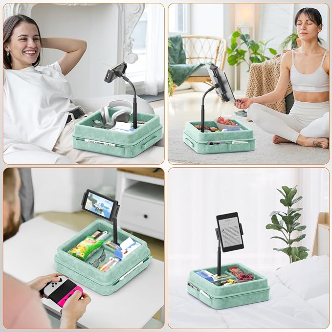 KDD Tablet Pillow Holder - 360°Adjustable iPad Pillow Stand for Lap, Bed and Desk - Gooseneck Tablet Soft Pad Dock with Storage Tray and Pocket Compatible with iPad Pro 12.9, Air Mini, Phone,(Green)