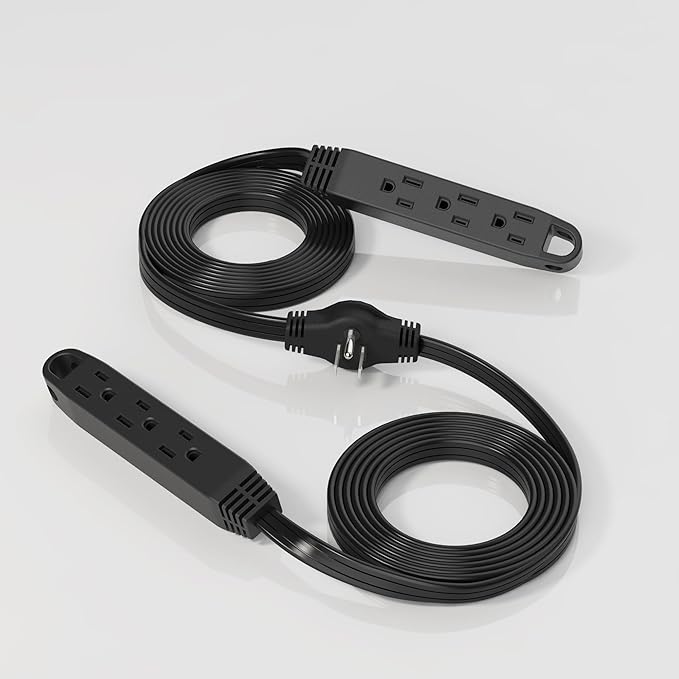 3-Prong 12FT Twin Extension Cord with 6 Outlets and Safety Covers - Slim Design for Furniture, 12FT Double Cord 6 FT Each Side in Black Color