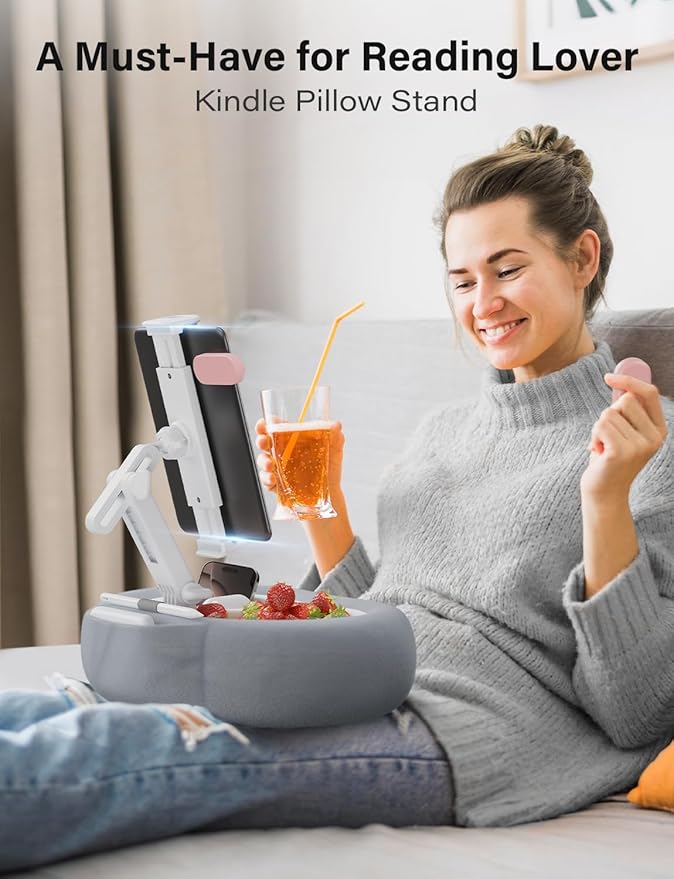 Tablet Kindle Pillow Stand Holder with 2 Trays Fit 4''-13'' Phone/Tablet/Kindle iPad Holder Stand for Bed with Soft Plus Fabric Reading Accessories Gift for Reading, Gray