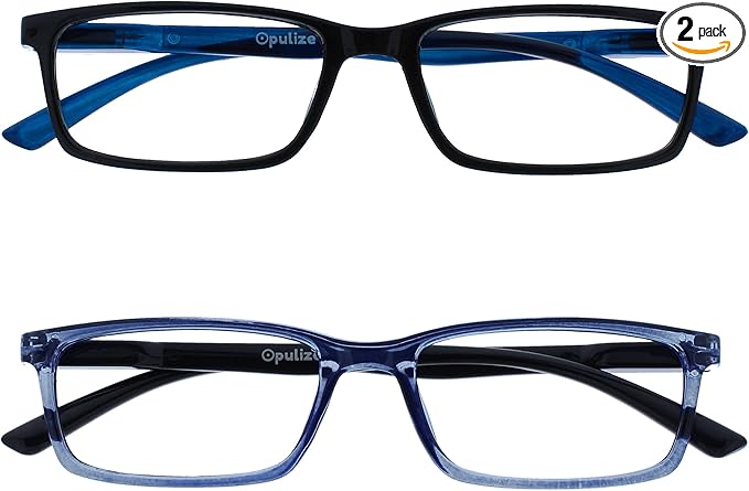 OPULIZE SEE Reading Glasses with Blue Light Blocking for Women and Men, Narrow Frame, Spring Hinges, Computer Gaming Glasses, Black,Blue +0 (Pack of 2)