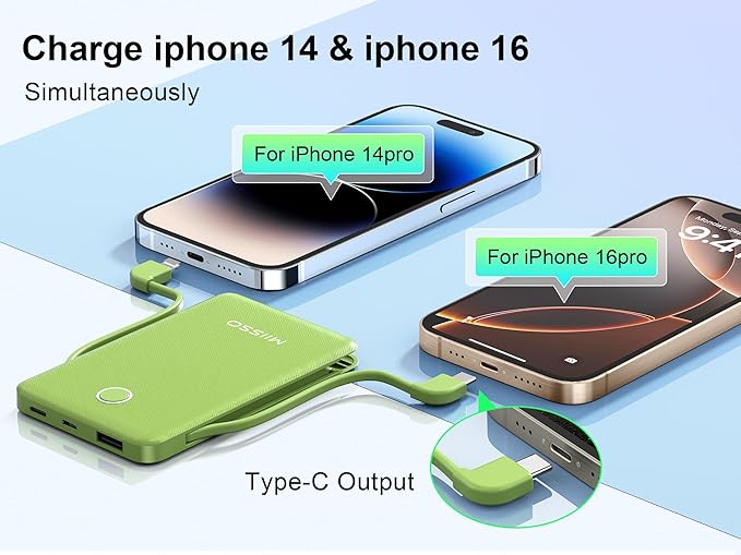 6000mah Ultra Slim Built in Cables Power Bank, Card Size Built in USB C Cords Battery Pack Portable Charger for Phones, 3 Output External Battery Pack Compatible with iPhone, Samsung, Google, Green