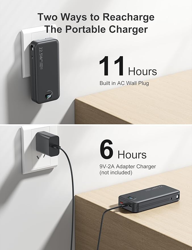 20000mAh Ultra-Portable-Charger-Power-Bank with Built in Cables&AC Wall Plug,PD20W USB-C Fast Charging Cell Phone Charger Battery Pack,LED Display Travel Battery Bank for All iPhone,Samsung,Android