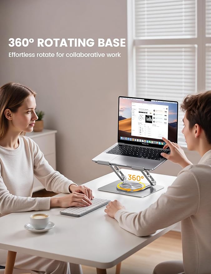 Lamicall Adjustable Laptop Stand for Desk - 360 Rotating Base Ergonomic Computer Stand, Aluminum Laptop Riser Foldable Protable for Office Home fits MacBook Air Pro, Dell, HP (10-17.3'') -Sliver