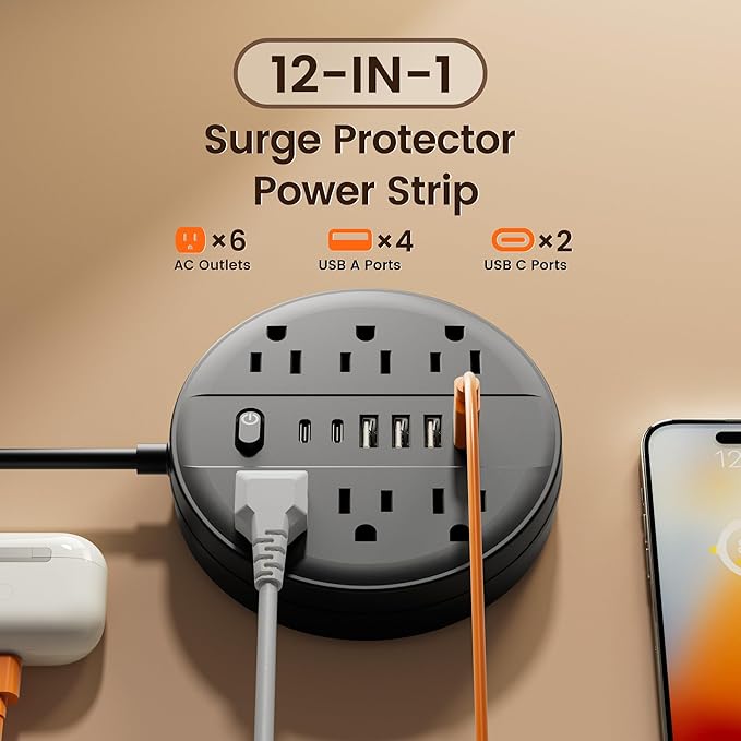 5 FT Surge Protector Power Strip, Extension Cord with Multiple Outlet, 6 AC Outlets, 4 USB & 2 USB C Ports & Control Switch, Portable Outlet Extender, Flat Plug, Wall Mount for Office Home Dorm,Black