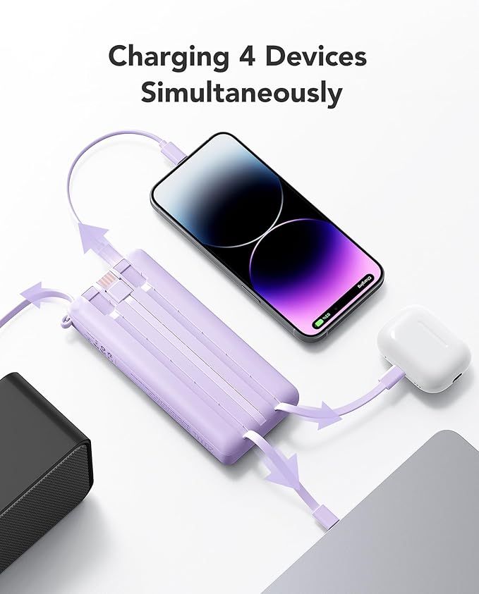 VRURC Portable Charger with Built in Cables 20000mAh, 22.5W Fast Charging USB C Power Bank,LED Display Charging Back with 4 Output 2 Input for iPhone 15/14/13/Pro, Samsung,Android-Purple (1 Pack)