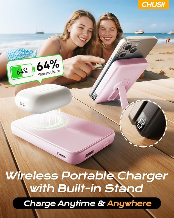 for Magsafe Portable Charger, 12000mAh Wireless Magnetic Power Bank with Stand and PD 20W Fast Charging, for Magsafe Battery Pack Compatible with iPhone 16/15/14/13/12 Series- Sakura