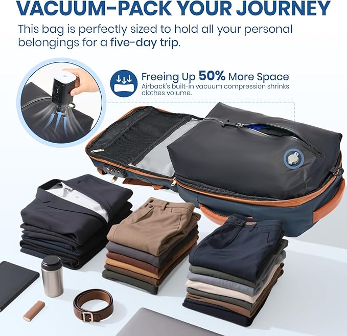 Fanwoli Vacuum Travel Backpack, Carry On Luggage with TSA Lock & Anti Theft Zipper, 60L Expandable Airback with Compression Pump, Waterproof Laptop Bag Ideal for Flight & Business,Blue