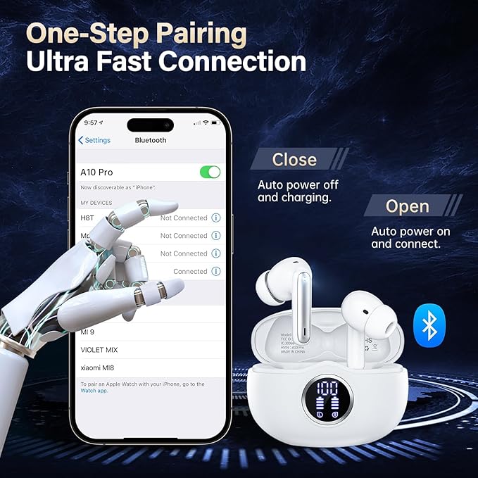 Wireless Earbuds, Bluetooth 5.3 Headphones HiFi Stereo 50H Playback LED Digital Display Ear Buds with ENC Noise Canceling Headset, IPX7 Waterproof Earphones for Gym/Running/Work